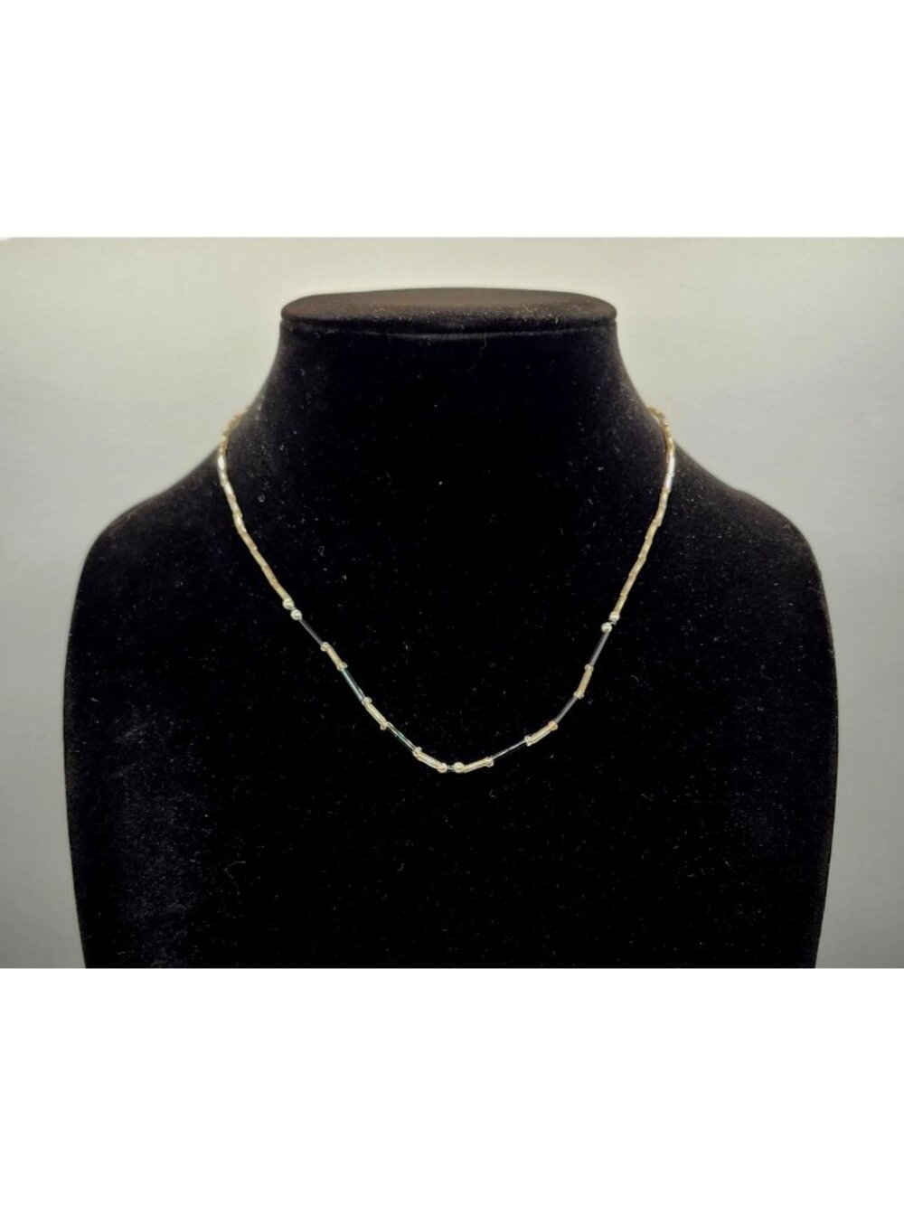 Delicate Black & Silver Beaded Necklace With Barrel Clasp Minimalist Jewelry